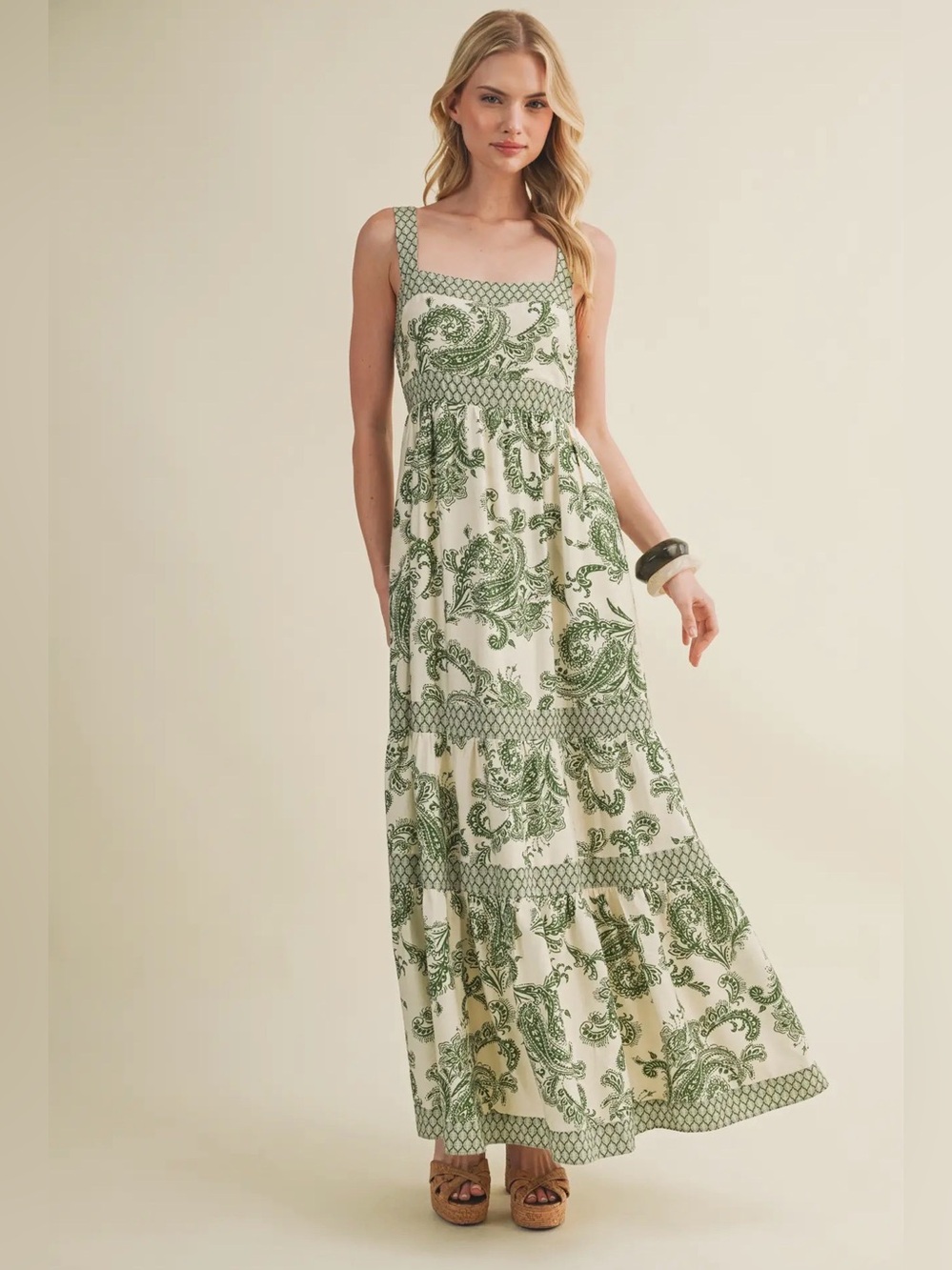 NWT Mustard Seed | Bohemian Banded Green Paisley Print Boho Tiered Maxi Dress